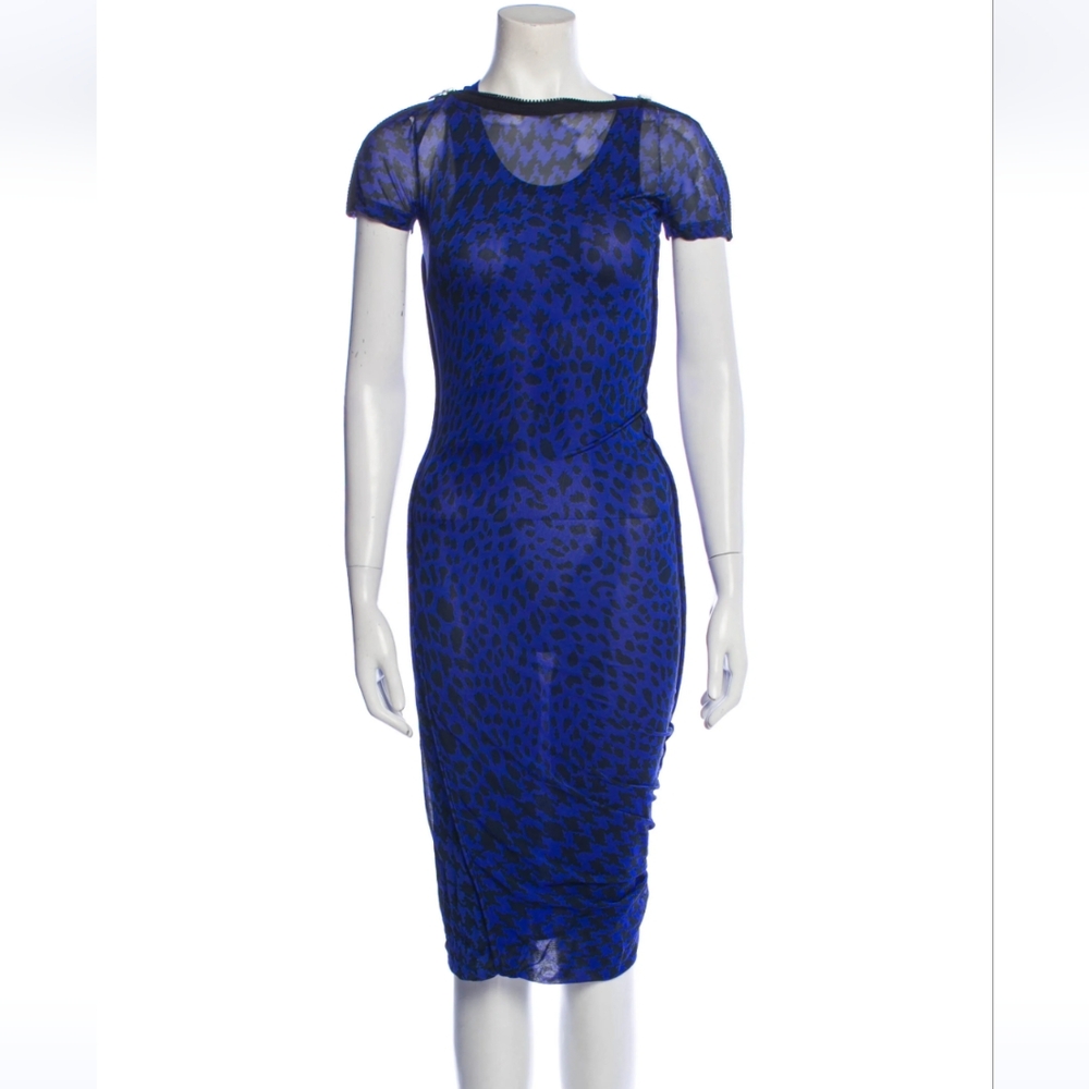 McQ by Alexander McQueen Blue Midi Dress IT 38 US 2 Animal Print Bodycon